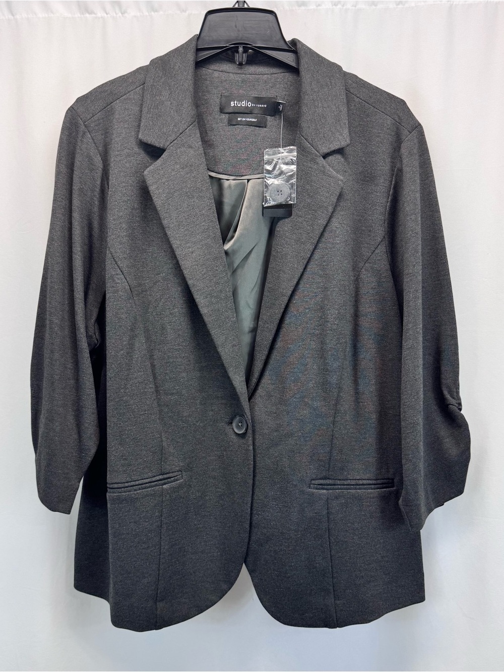 Torrid Charcoal Gray Button Blazer 3 3X Stretch Runched Sleeves Career Office